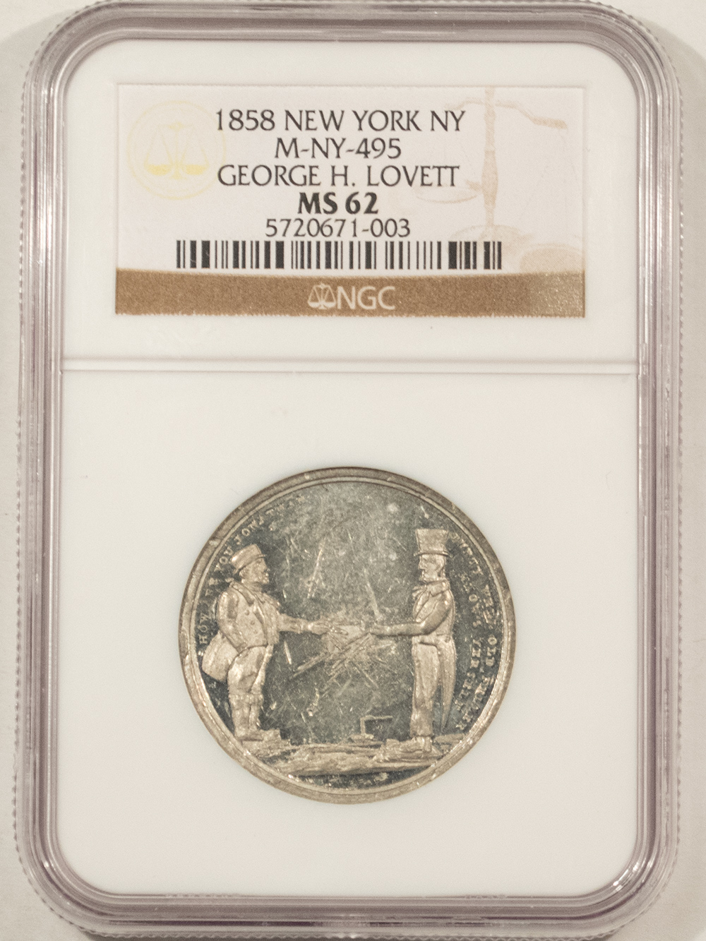 Exonumia 1858 NEW YORK NY M-NY-495 GEORGE H LOVETT MEDAL, ATLANTIC TELEGRAPH – NGC MS-62 Exonumia 1858 NEW YORK NY M-NY-495 GEORGE H LOVETT MEDAL, ATLANTIC TELEGRAPH – NGC MS-62