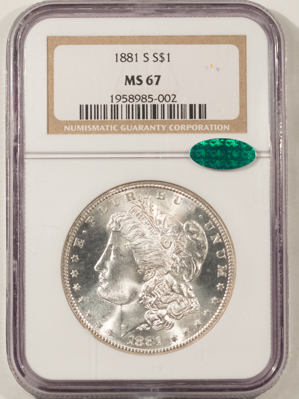 CAC Approved Coins 1881-S $1 MORGAN DOLLAR – NGC MS-67, BLAST WHITE, PREMIUM QUALITY! CAC APPROVED! CAC Approved Coins 1881-S $1 MORGAN DOLLAR – NGC MS-67, BLAST WHITE, PREMIUM QUALITY! CAC APPROVED!