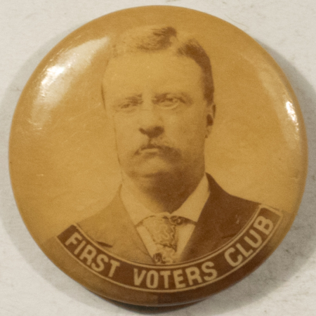 Political 1904 TEDDY ROOSEVELT 1″ FIRST VOTERS CLUB BUTTON – EXC/NM WITH BACK PAPER!