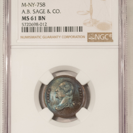 Exonumia 1860 NEW YORK NY M-NY-758 AB SAGE & CO MEDAL – NGC MS-61 BN, PRETTY! WASHINGTON!