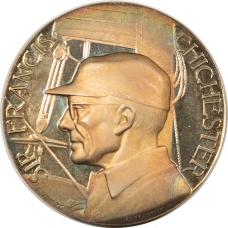 Exonumia 1967 SIR FRANCIS CHICHESTER GIPSY MOTH IV SPINK SILVER MEDAL 58MM 76GR GEM W BOX