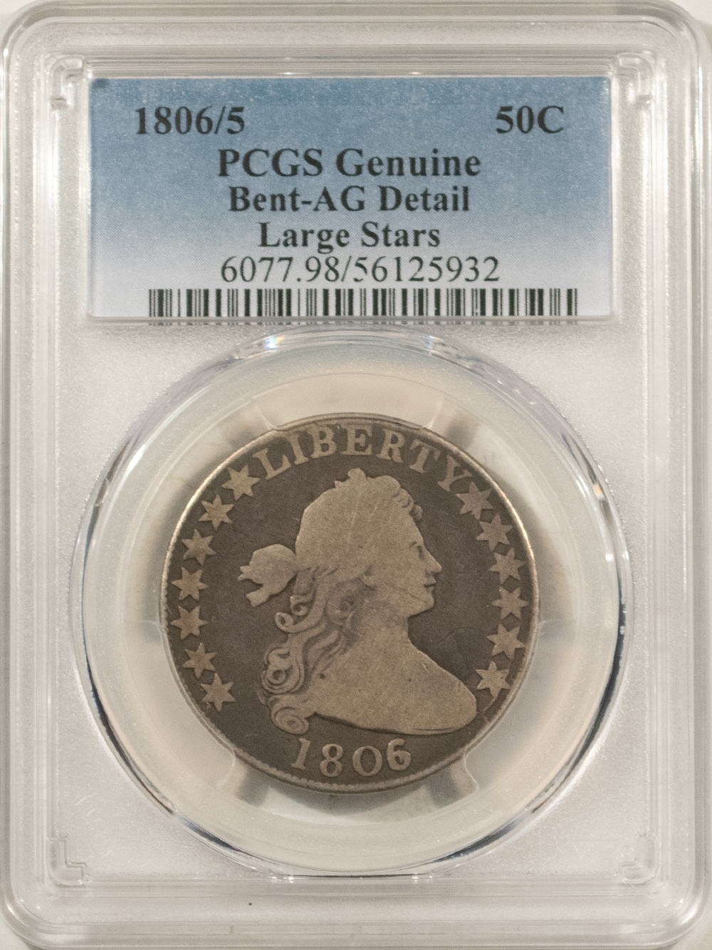 Early Halves 1806/5 DRAPED BUST HALF DOLLAR LG STARS – PCGS GENUINE BENT AG DETAIL NICE LOOK! Early Halves 1806/5 DRAPED BUST HALF DOLLAR LG STARS – PCGS GENUINE BENT AG DETAIL NICE LOOK!