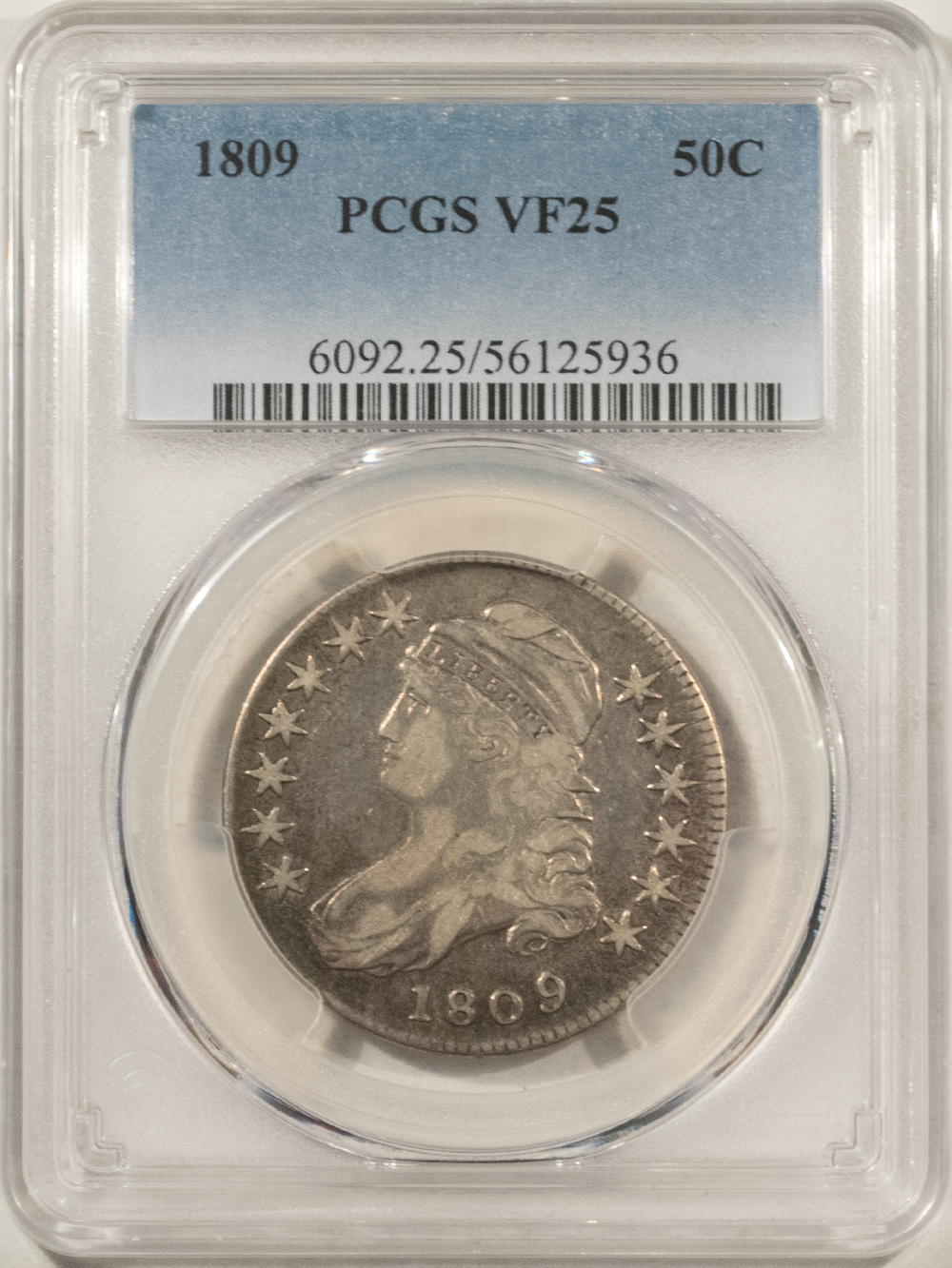 Early Halves 1809 CAPPED BUST HALF DOLLAR – PCGS VF-25, PRETTY! Early Halves 1809 CAPPED BUST HALF DOLLAR – PCGS VF-25, PRETTY!