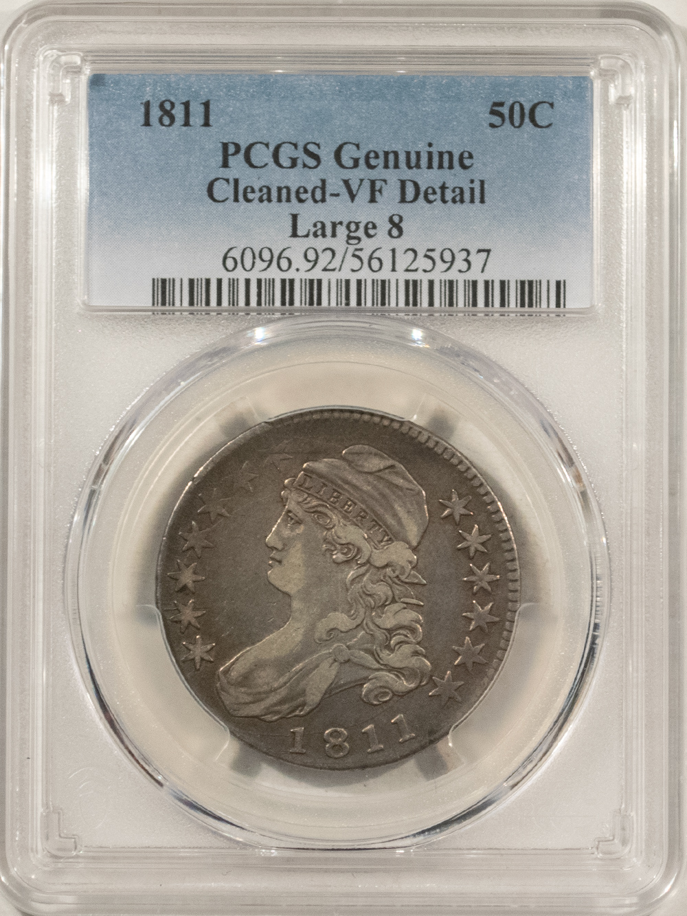 Early Halves 1811 CAPPED BUST HALF DOLLAR LG 8 PCGS GENUINE CLEANED VF DETAIL, NICE NEARLY XF Early Halves 1811 CAPPED BUST HALF DOLLAR LG 8 PCGS GENUINE CLEANED VF DETAIL, NICE NEARLY XF
