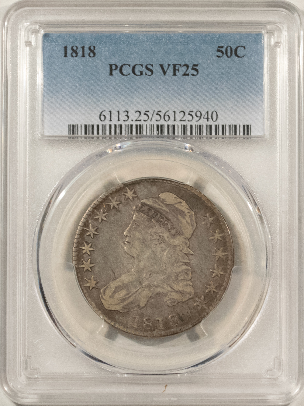 Early Halves 1818 CAPPED BUST HALF DOLLAR – PCGS VF-25, NICE ORIGINAL! Early Halves 1818 CAPPED BUST HALF DOLLAR – PCGS VF-25, NICE ORIGINAL!