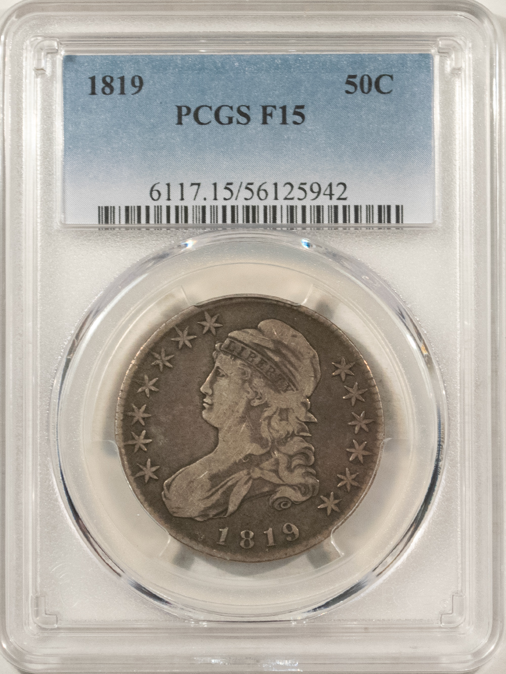 Early Halves 1819 CAPPED BUST HALF DOLLAR – PCGS F-15, NICE, ORIGINAL! Early Halves 1819 CAPPED BUST HALF DOLLAR – PCGS F-15, NICE, ORIGINAL!