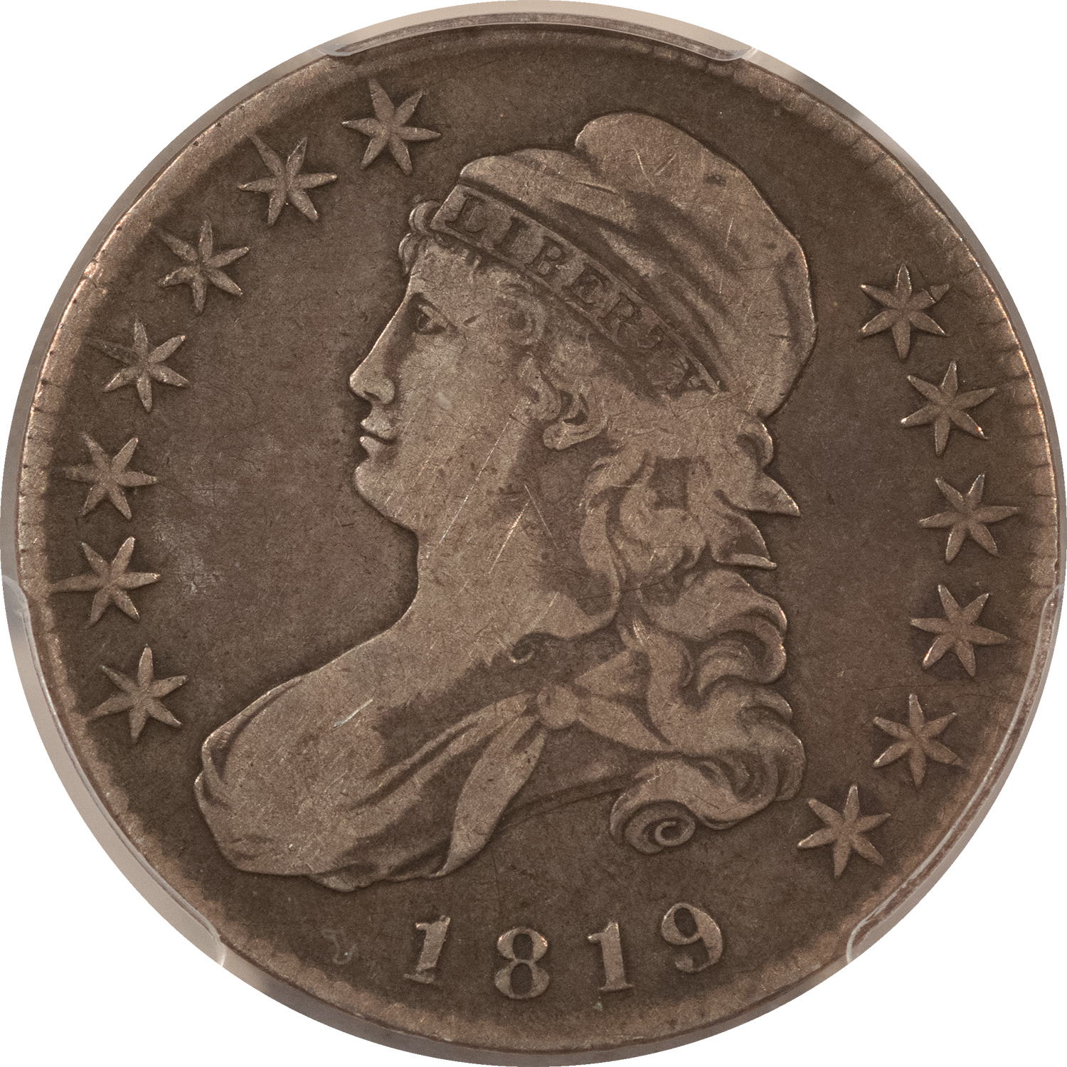Early Halves 1819 CAPPED BUST HALF DOLLAR – PCGS F-15, NICE, ORIGINAL! Early Halves 1819 CAPPED BUST HALF DOLLAR – PCGS F-15, NICE, ORIGINAL!