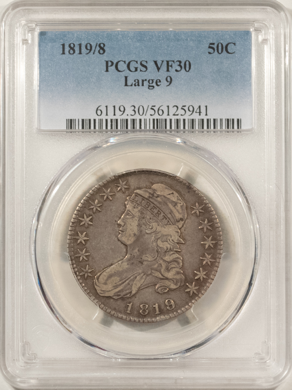 Early Halves 1819/8 CAPPED BUST HALF DOLLAR LARGE 9 – PCGS VF-30, NICE, WHOLESOME! Early Halves 1819/8 CAPPED BUST HALF DOLLAR LARGE 9 – PCGS VF-30, NICE, WHOLESOME!