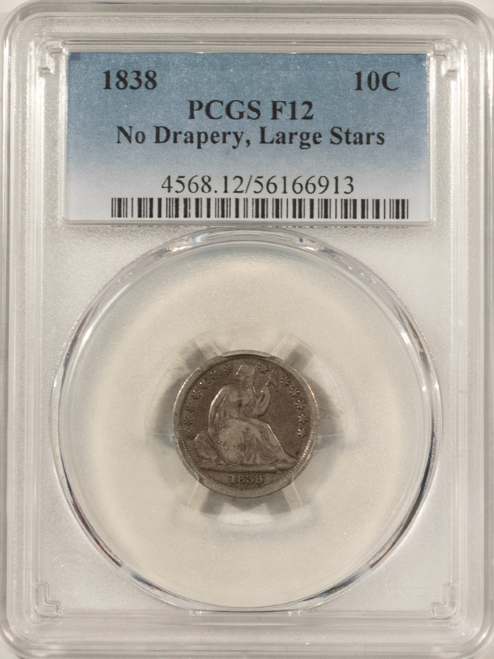Dimes 1838 LIBERTY SEATED DIME, NO DRAPERY, LARGE STARS – PCGS F-12, NICE ORIGINAL Dimes 1838 LIBERTY SEATED DIME, NO DRAPERY, LARGE STARS – PCGS F-12, NICE ORIGINAL