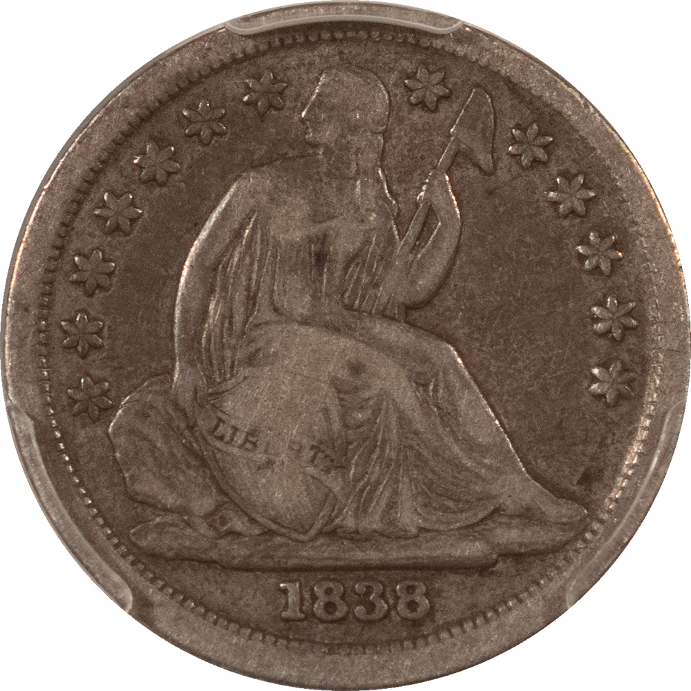 Dimes 1838 LIBERTY SEATED DIME, NO DRAPERY, LARGE STARS – PCGS F-12, NICE ORIGINAL Dimes 1838 LIBERTY SEATED DIME, NO DRAPERY, LARGE STARS – PCGS F-12, NICE ORIGINAL