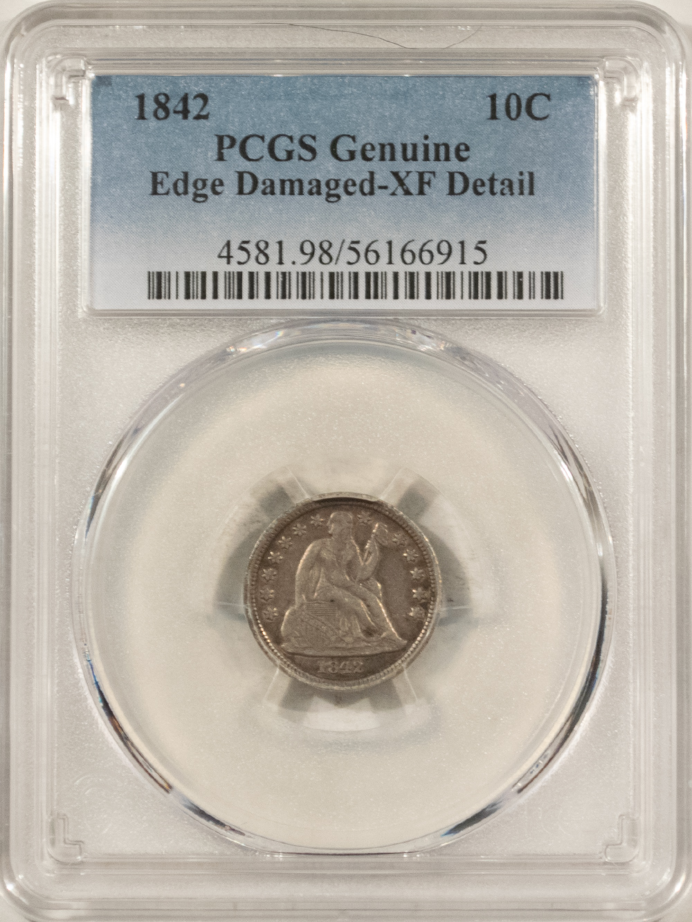 Dimes 1842 LIBERTY SEATED DIME – PCGS GENUINE XF DETAILS, EDGE DAMAGE, SEEMS NICE Dimes 1842 LIBERTY SEATED DIME – PCGS GENUINE XF DETAILS, EDGE DAMAGE, SEEMS NICE