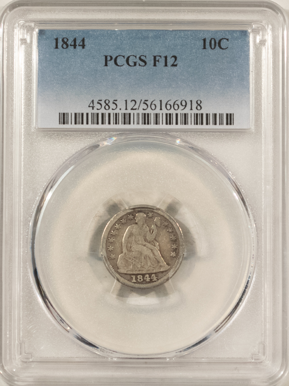 Dimes 1844 LIBERTY SEATED DIME – PCGS F-12, TOUGH, LOOKS BETTER, LITTLE ORPHAN ANNIE Dimes 1844 LIBERTY SEATED DIME – PCGS F-12, TOUGH, LOOKS BETTER, LITTLE ORPHAN ANNIE