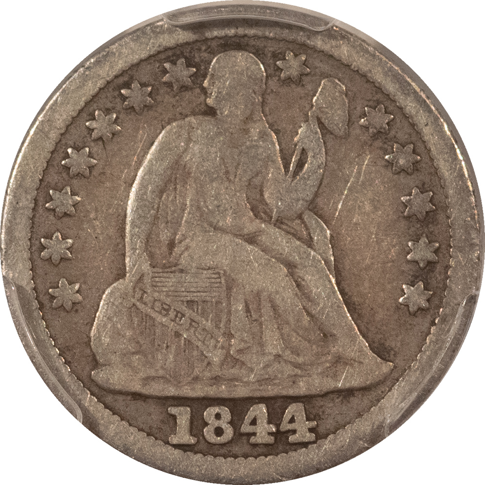 Dimes 1844 LIBERTY SEATED DIME – PCGS F-12, TOUGH, LOOKS BETTER, LITTLE ORPHAN ANNIE Dimes 1844 LIBERTY SEATED DIME – PCGS F-12, TOUGH, LOOKS BETTER, LITTLE ORPHAN ANNIE