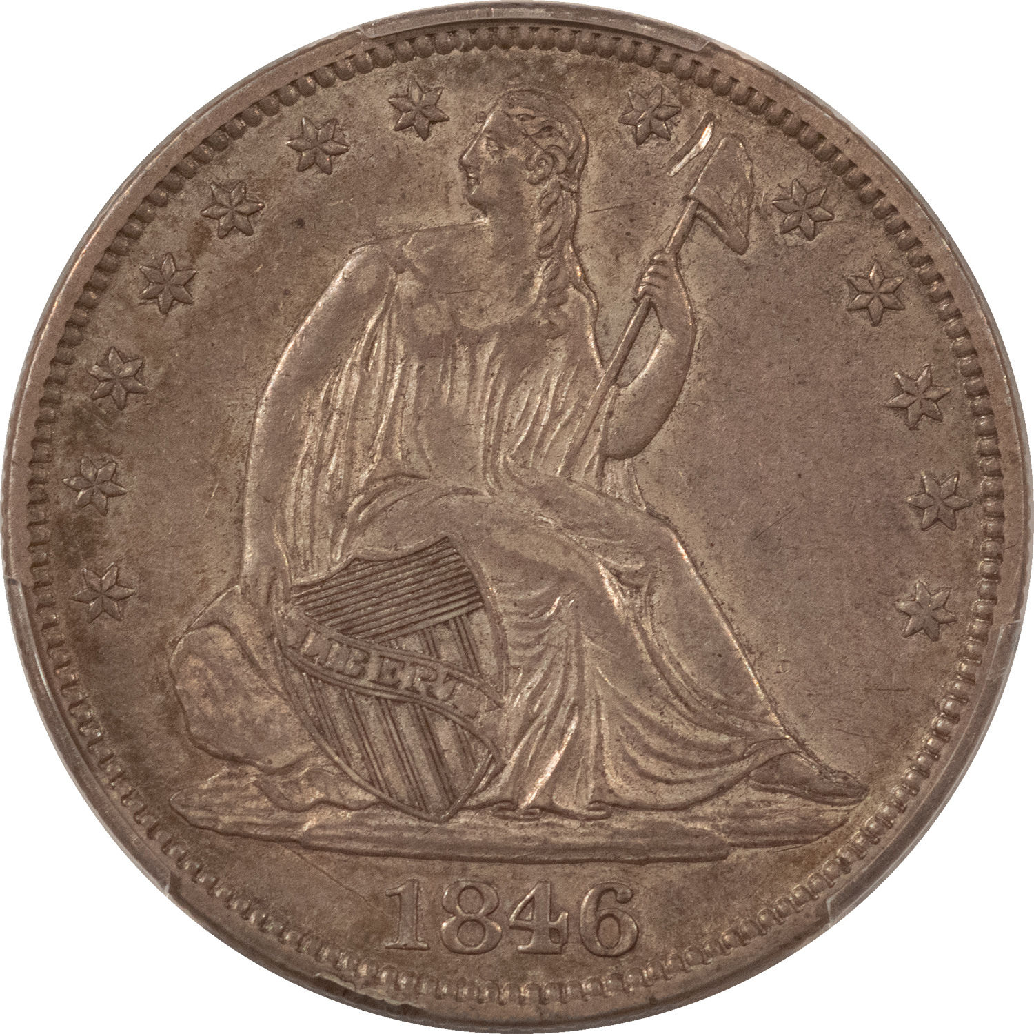 Half Dollars 1846 SEATED LIBERTY HALF DOLLAR, MED DATE – PCGS GENUINE GOUGED AU DETAIL, NICE! Half Dollars 1846 SEATED LIBERTY HALF DOLLAR, MED DATE – PCGS GENUINE GOUGED AU DETAIL, NICE!