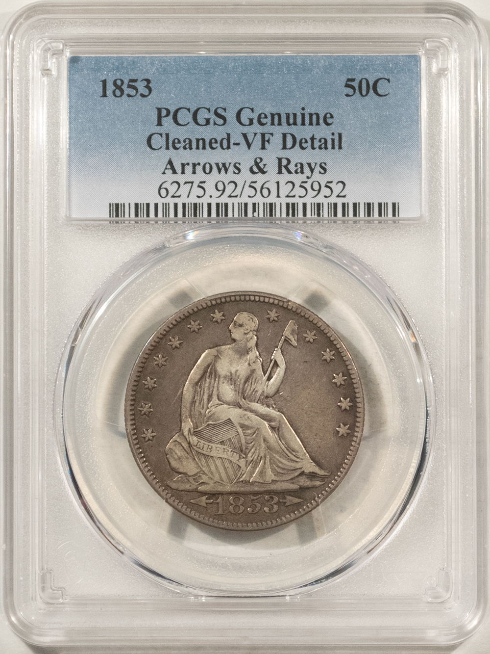 Half Dollars 1853 SEATED LIBERTY HALF DOLLAR ARROWS/RAYS PCGS GENUINE CLEANED VF DETAIL NICE! Half Dollars 1853 SEATED LIBERTY HALF DOLLAR ARROWS/RAYS PCGS GENUINE CLEANED VF DETAIL NICE!