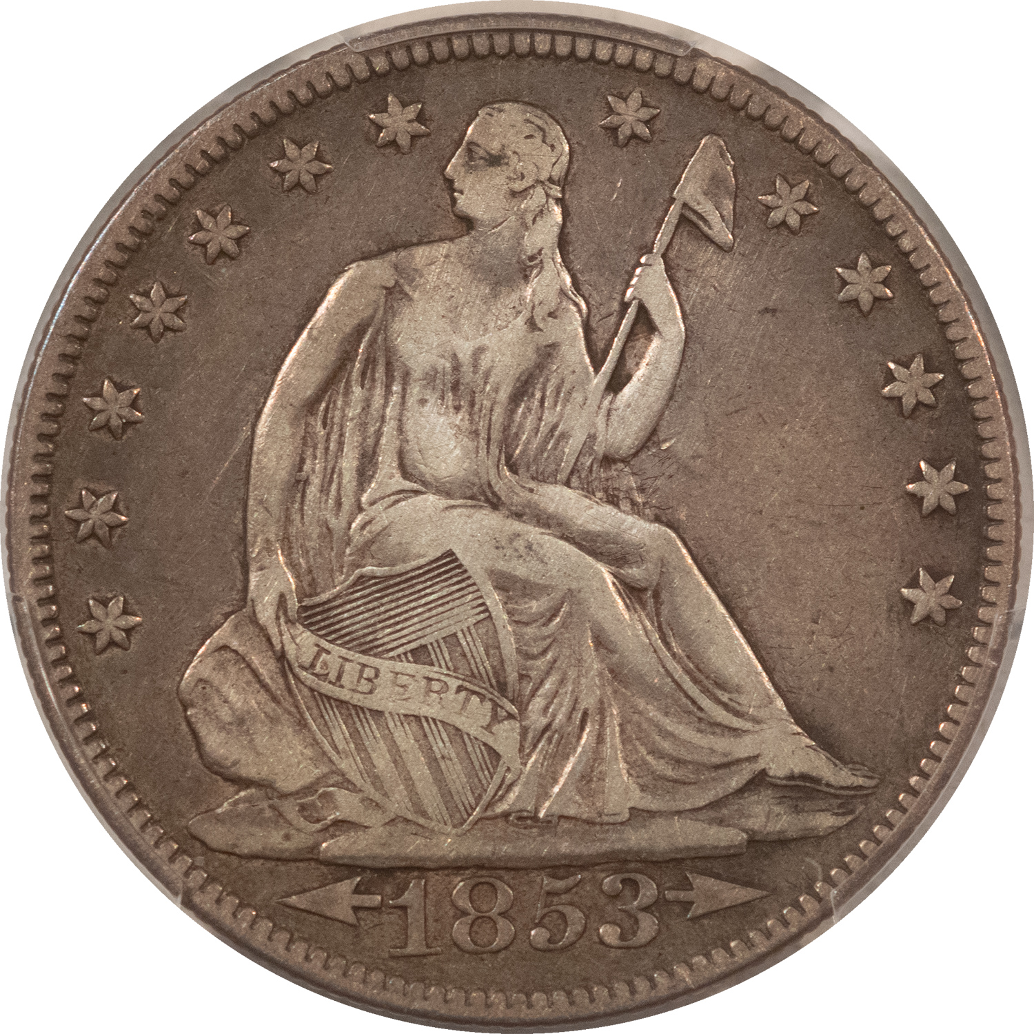 Half Dollars 1853 SEATED LIBERTY HALF DOLLAR ARROWS/RAYS PCGS GENUINE CLEANED VF DETAIL NICE! Half Dollars 1853 SEATED LIBERTY HALF DOLLAR ARROWS/RAYS PCGS GENUINE CLEANED VF DETAIL NICE!