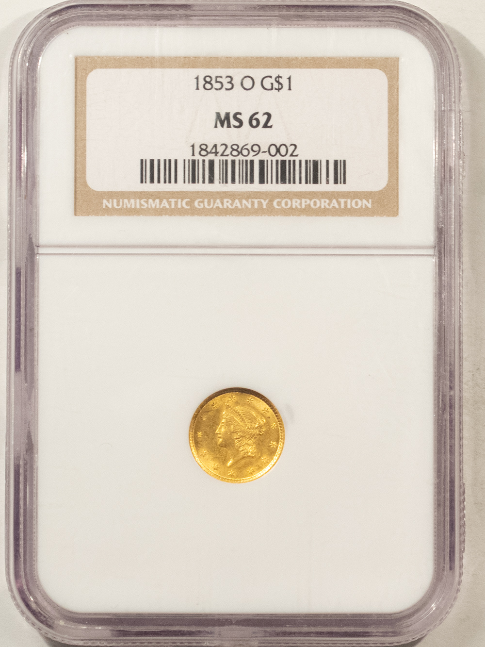 $1 1853-O TYPE 1 $1 GOLD DOLLAR – NGC MS-62, NEW ORLEANS! $1 1853-O TYPE 1 $1 GOLD DOLLAR – NGC MS-62, NEW ORLEANS!