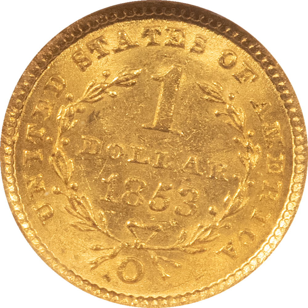 $1 1853-O TYPE 1 $1 GOLD DOLLAR – NGC MS-62, NEW ORLEANS! $1 1853-O TYPE 1 $1 GOLD DOLLAR – NGC MS-62, NEW ORLEANS!