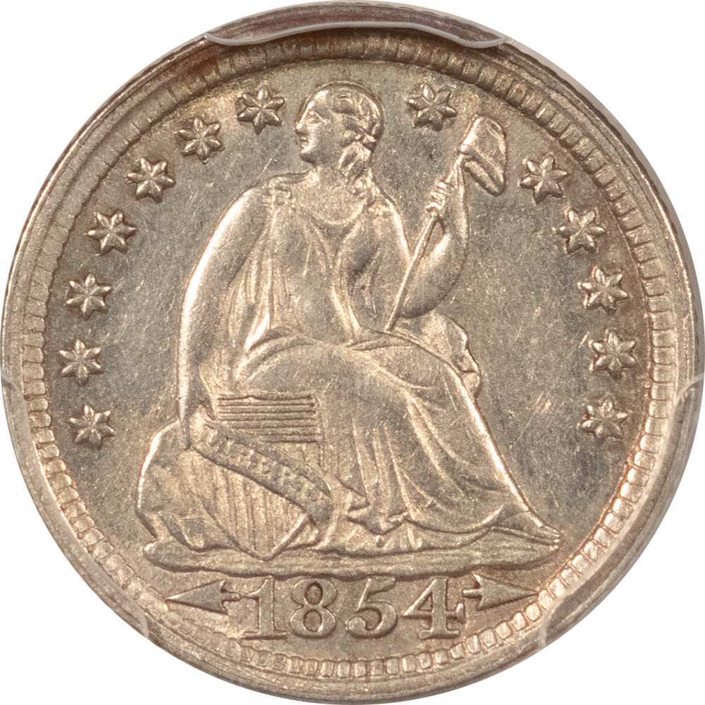 Half Dimes 1854 LIBERTY SEATED HALF DIME – PCGS AU-58, LOOKS UNCIRCULATED! Half Dimes 1854 LIBERTY SEATED HALF DIME – PCGS AU-58, LOOKS UNCIRCULATED!