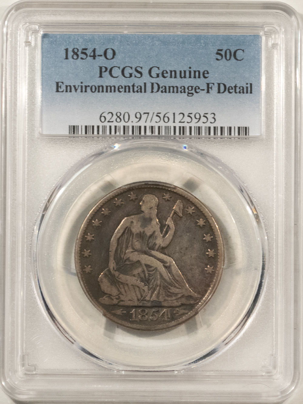 Half Dollars 1854-O SEATED LIBERTY HALF DOLLAR – PCGS GENUINE ENVIRONMENTAL DAMAGE F DETAIL! Half Dollars 1854-O SEATED LIBERTY HALF DOLLAR – PCGS GENUINE ENVIRONMENTAL DAMAGE F DETAIL!