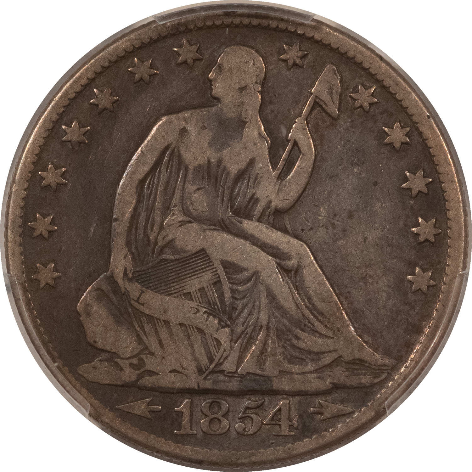 Half Dollars 1854-O SEATED LIBERTY HALF DOLLAR – PCGS GENUINE ENVIRONMENTAL DAMAGE F DETAIL! Half Dollars 1854-O SEATED LIBERTY HALF DOLLAR – PCGS GENUINE ENVIRONMENTAL DAMAGE F DETAIL!