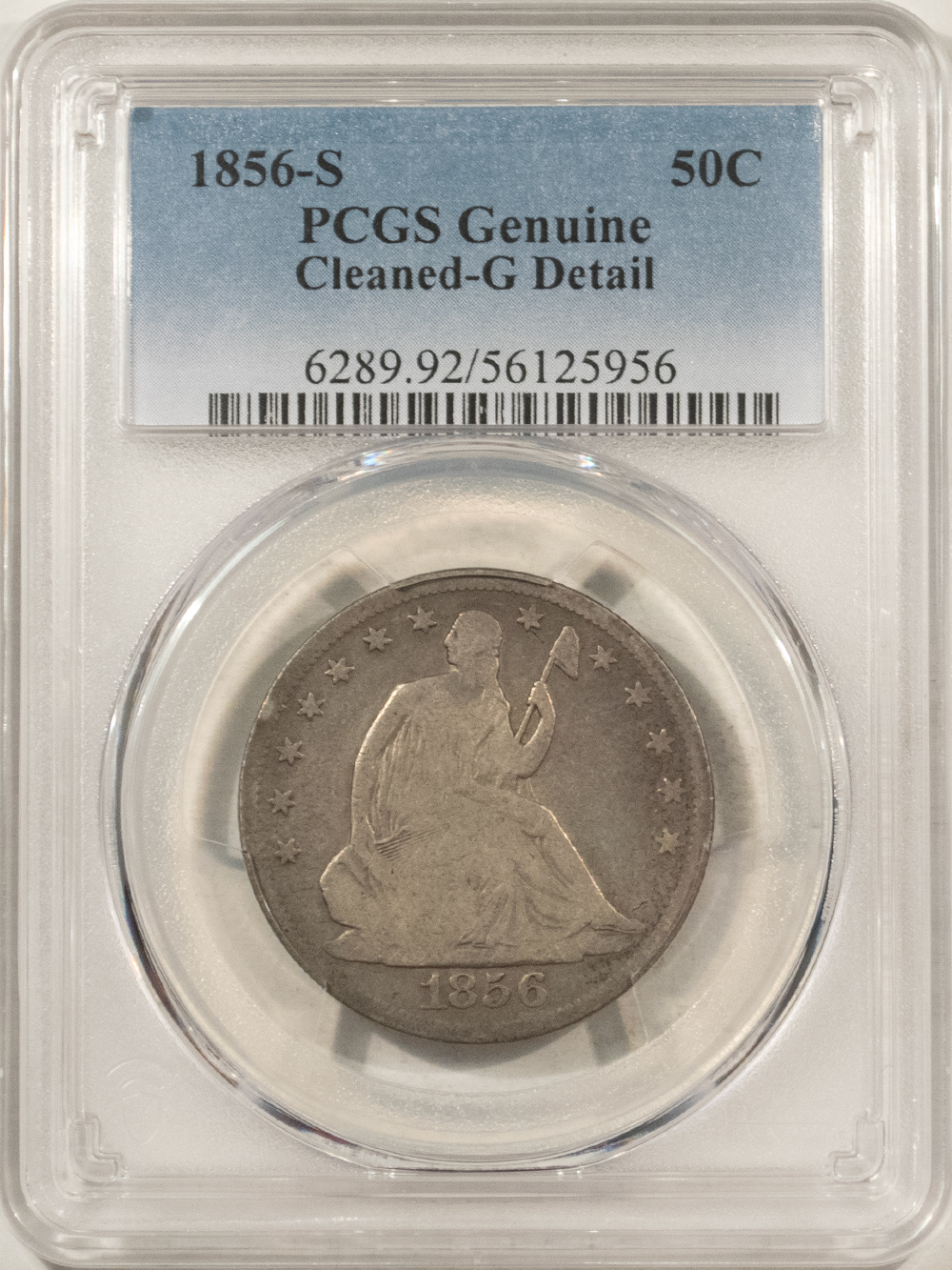 Half Dollars 1856-S SEATED LIBERTY HALF DOLLAR – PCGS GENUINE CLEANED, G DETAIL, BETTER DATE! Half Dollars 1856-S SEATED LIBERTY HALF DOLLAR – PCGS GENUINE CLEANED, G DETAIL, BETTER DATE!