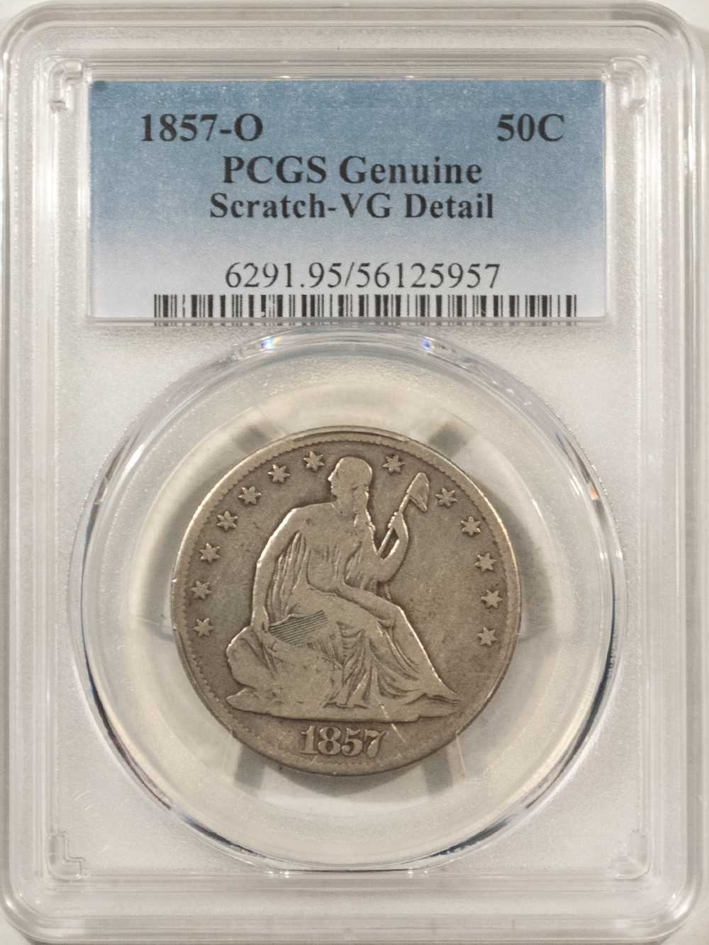 Early Halves 1857-O SEATED LIBERTY HALF DOLLAR – PCGS GENUINE SCRATCH VF DETAIL! Early Halves 1857-O SEATED LIBERTY HALF DOLLAR – PCGS GENUINE SCRATCH VF DETAIL!