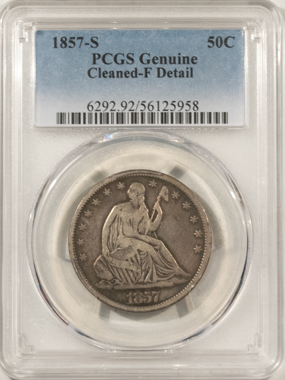 Half Dollars 1857-S SEATED LIBERTY HALF DOLLAR – PCGS GENUINE CLEANED F DETAIL, TOUGH! Half Dollars 1857-S SEATED LIBERTY HALF DOLLAR – PCGS GENUINE CLEANED F DETAIL, TOUGH!