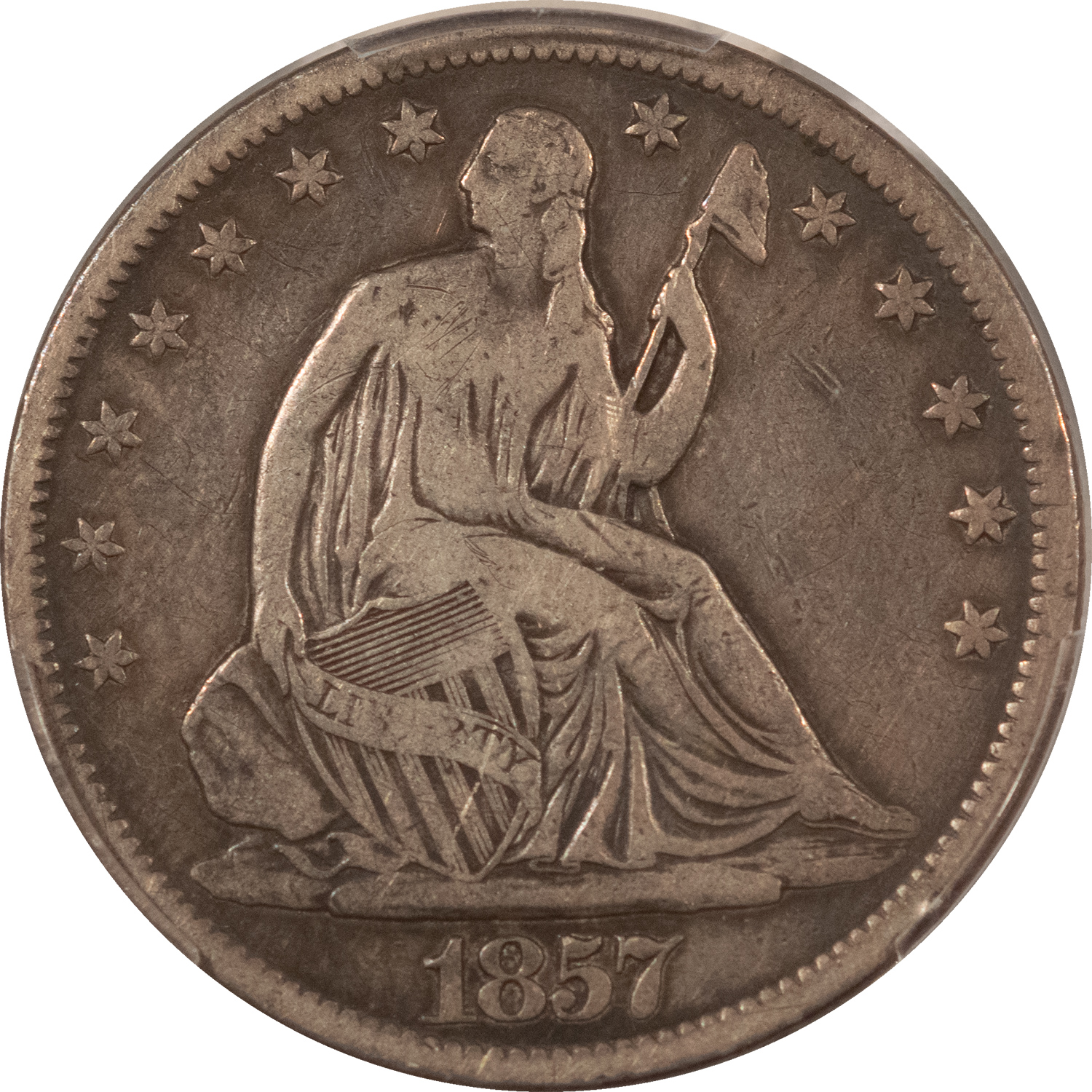 Half Dollars 1857-S SEATED LIBERTY HALF DOLLAR – PCGS GENUINE CLEANED F DETAIL, TOUGH! Half Dollars 1857-S SEATED LIBERTY HALF DOLLAR – PCGS GENUINE CLEANED F DETAIL, TOUGH!