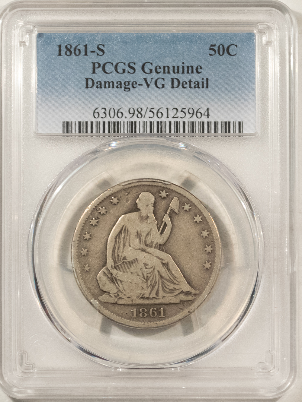 Half Dollars 1861-S SEATED LIBERTY HALF DOLLAR PCGS GENUINE DAMAGE VG DETAIL POPULAR CW DATE Half Dollars 1861-S SEATED LIBERTY HALF DOLLAR PCGS GENUINE DAMAGE VG DETAIL POPULAR CW DATE