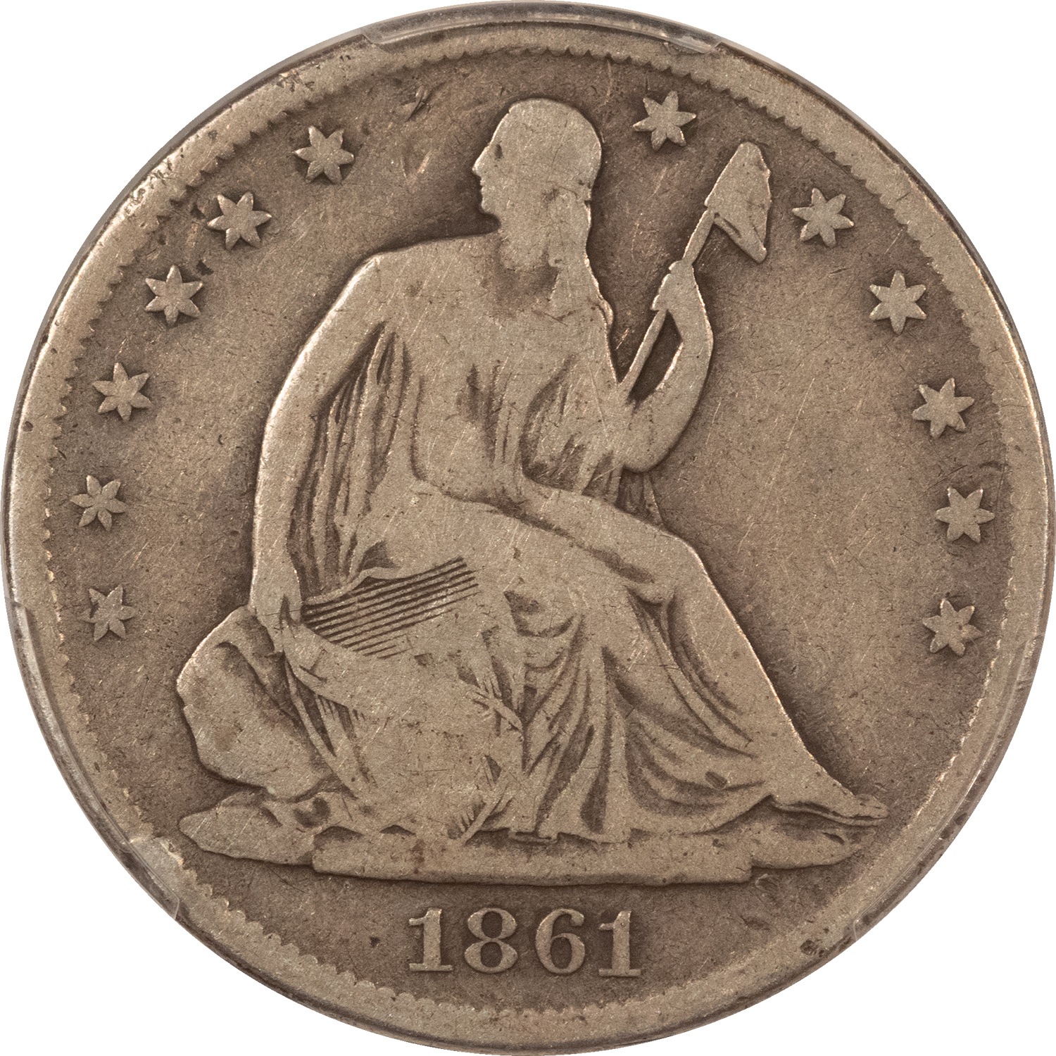 Half Dollars 1861-S SEATED LIBERTY HALF DOLLAR PCGS GENUINE DAMAGE VG DETAIL POPULAR CW DATE Half Dollars 1861-S SEATED LIBERTY HALF DOLLAR PCGS GENUINE DAMAGE VG DETAIL POPULAR CW DATE