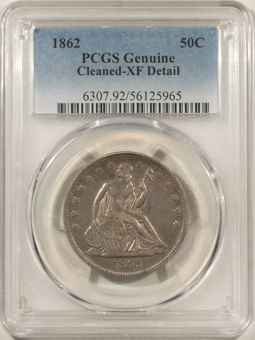 Half Dollars 1862 SEATED LIBERTY HALF DOLLAR – PCGS GENUINE CLEANED XF DETAIL, TOUGH DATE! Half Dollars 1862 SEATED LIBERTY HALF DOLLAR – PCGS GENUINE CLEANED XF DETAIL, TOUGH DATE!