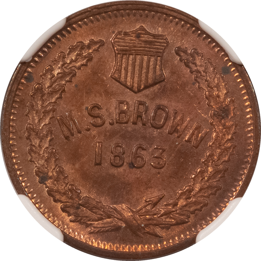 Civil War & Hard Times 1863 NEW YORK NY F-630N-3A, M.S. BROWN – EUREKA CIVIL WAR TOKEN – NGC MS-62 RB! Civil War & Hard Times 1863 NEW YORK NY F-630N-3A, M.S. BROWN – EUREKA CIVIL WAR TOKEN – NGC MS-62 RB!
