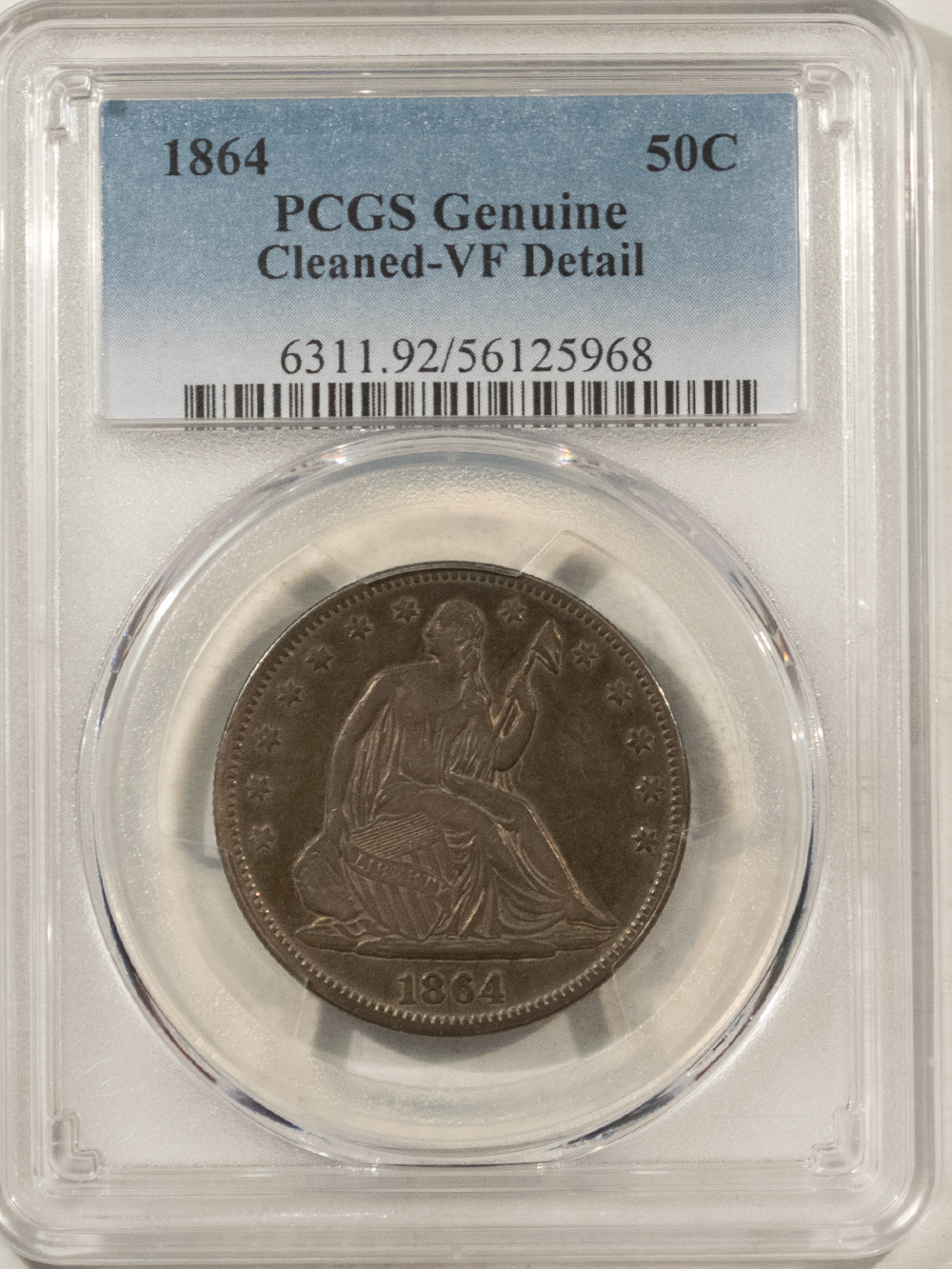 Half Dollars 1864 SEATED LIBERTY HALF DOLLAR PCGS GENUINE CLEANED VF DETAIL CW DATE, LOOKS XF Half Dollars 1864 SEATED LIBERTY HALF DOLLAR PCGS GENUINE CLEANED VF DETAIL CW DATE, LOOKS XF
