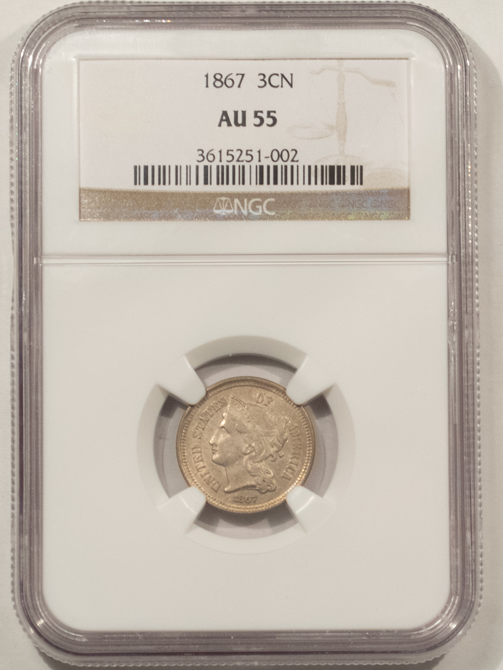 New Certified Coins 1867 THREE CENT NICKEL – NGC AU-55, ORIGINAL! New Certified Coins 1867 THREE CENT NICKEL – NGC AU-55, ORIGINAL!