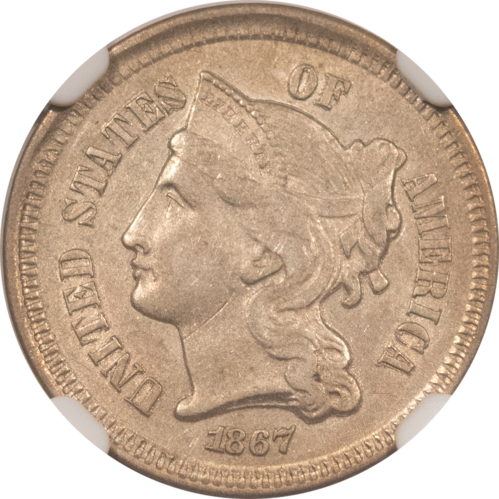 New Certified Coins 1867 THREE CENT NICKEL – NGC AU-55, ORIGINAL! New Certified Coins 1867 THREE CENT NICKEL – NGC AU-55, ORIGINAL!
