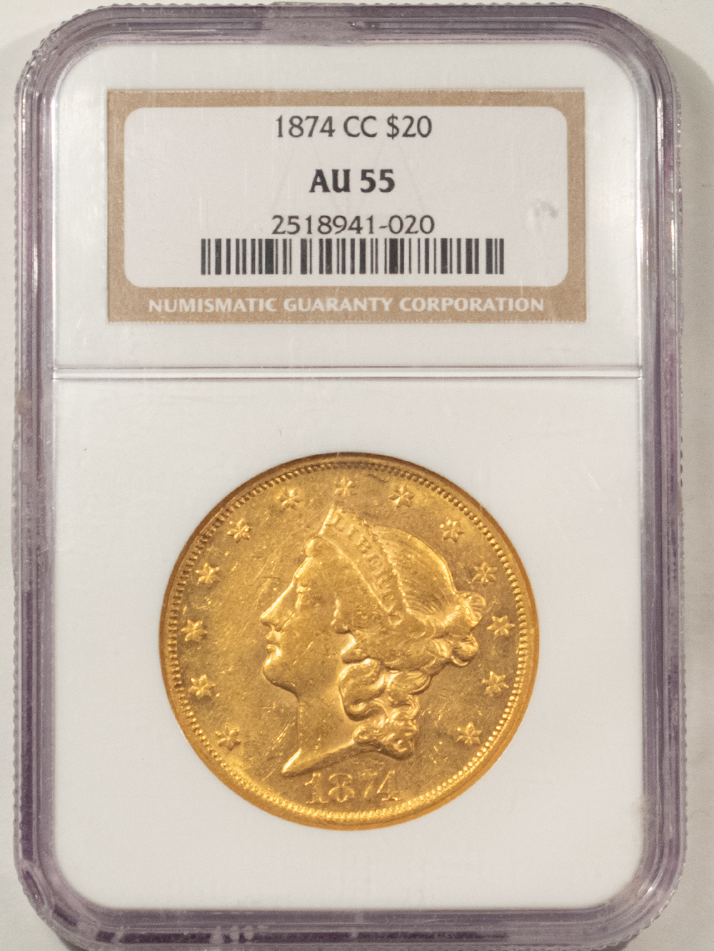 $20 1874-CC TY 2 $20 LIBERTY GOLD DOUBLE EAGLE – NGC AU-55 FLASHY LUSTER CARSON CITY $20 1874-CC TY 2 $20 LIBERTY GOLD DOUBLE EAGLE – NGC AU-55 FLASHY LUSTER CARSON CITY