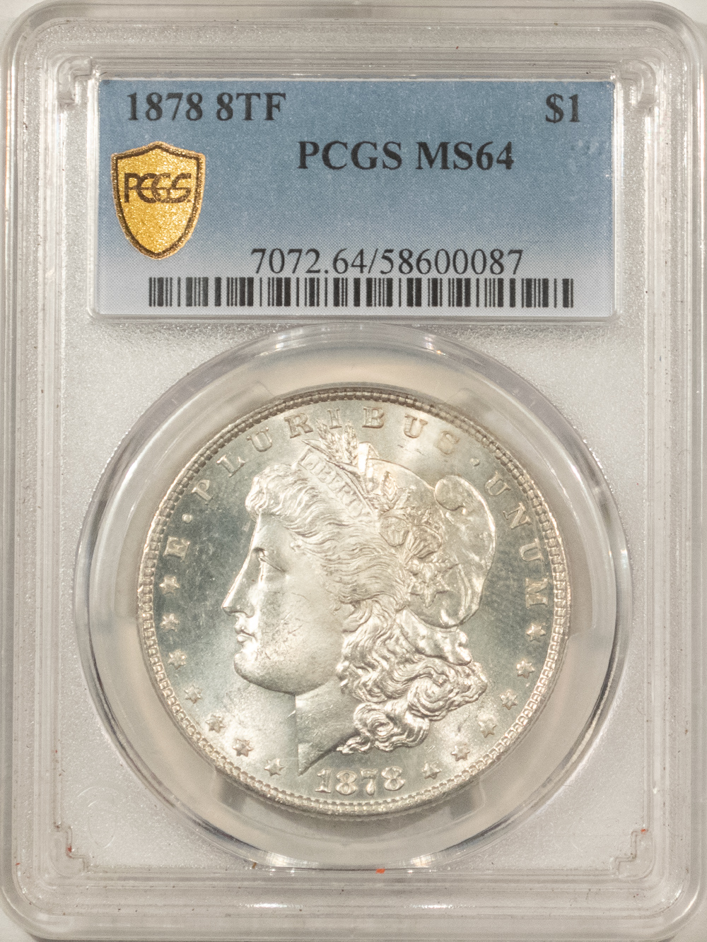 Dollars 1878 8 TF $1 MORGAN DOLLAR – PCGS MS-64, BLAST WHITE! FIRST YEAR MORGAN! Dollars 1878 8 TF $1 MORGAN DOLLAR – PCGS MS-64, BLAST WHITE! FIRST YEAR MORGAN!