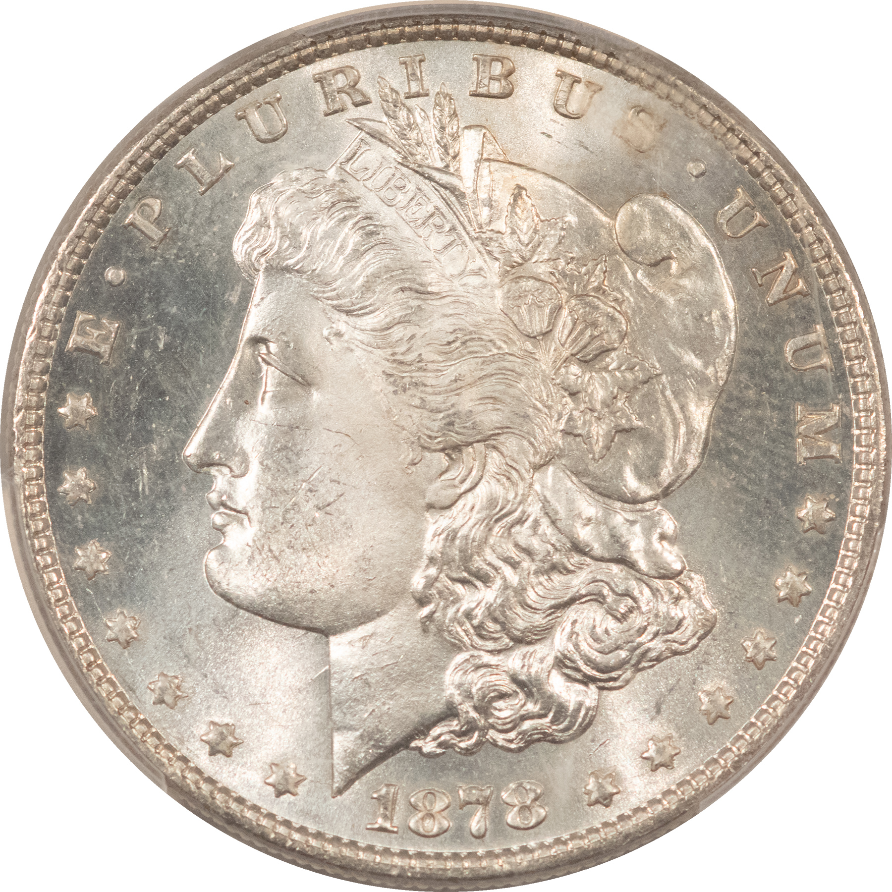 Dollars 1878 8 TF $1 MORGAN DOLLAR – PCGS MS-64, BLAST WHITE! FIRST YEAR MORGAN! Dollars 1878 8 TF $1 MORGAN DOLLAR – PCGS MS-64, BLAST WHITE! FIRST YEAR MORGAN!