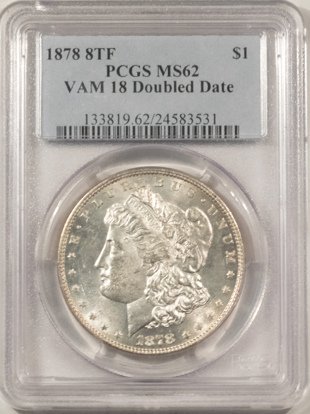 Dollars 1878 8 TF $1 MORGAN DOLLAR VAM-18 DOUBLED DATE – PCGS MS-62, BLAST WHITE! Dollars 1878 8 TF $1 MORGAN DOLLAR VAM-18 DOUBLED DATE – PCGS MS-62, BLAST WHITE!