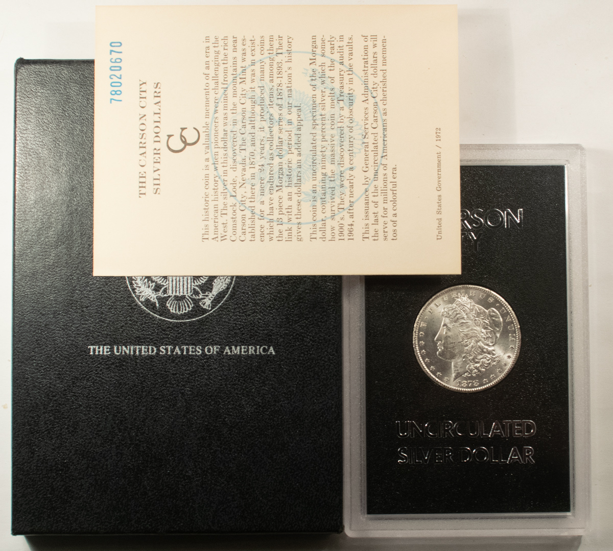 Dollars 1878-CC GSA MORGAN DOLLAR NICE BRILLIANT UNCIRCULATED W/ BOX & CARD CARSON CITY Dollars 1878-CC GSA MORGAN DOLLAR NICE BRILLIANT UNCIRCULATED W/ BOX & CARD CARSON CITY