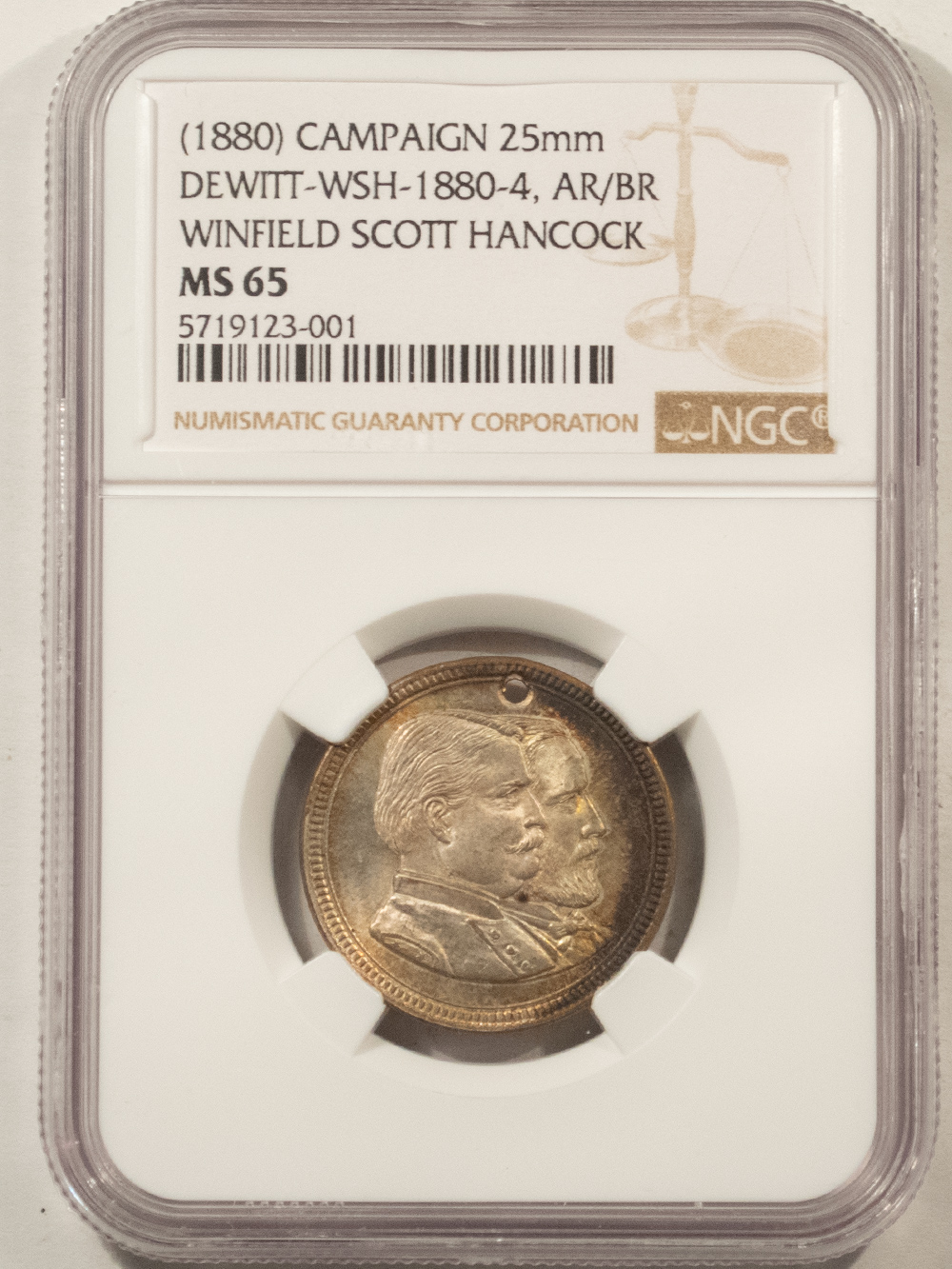 Exonumia 1880 CAMPAIGN 25MM DEWITT-WSH-1880-4, AR/BR, WINFIELD SCOTT HANCOCK – NGC MS-65! Exonumia 1880 CAMPAIGN 25MM DEWITT-WSH-1880-4, AR/BR, WINFIELD SCOTT HANCOCK – NGC MS-65!