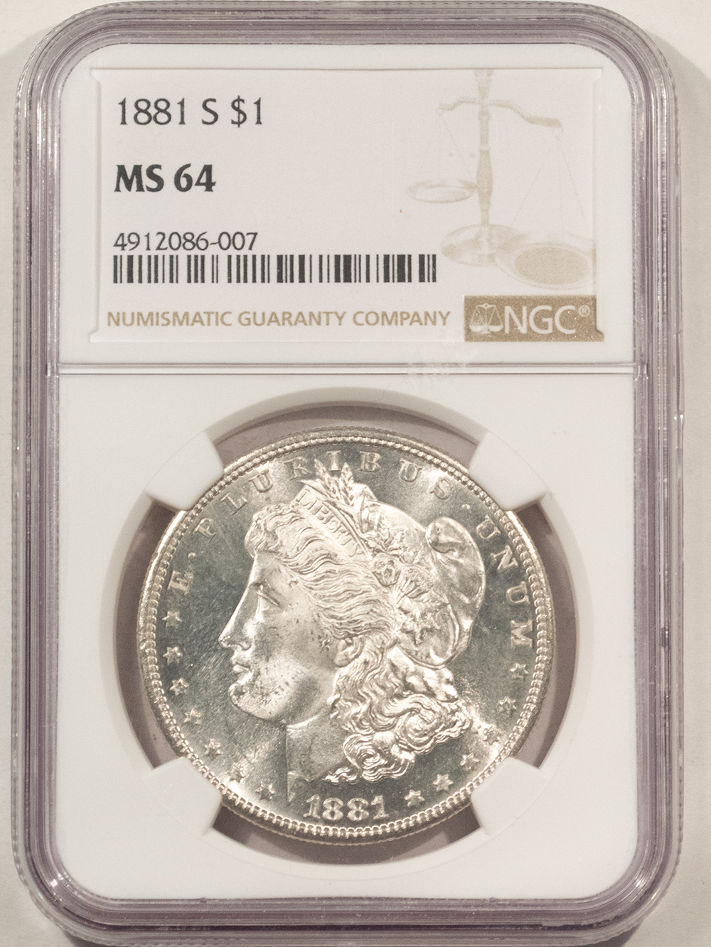 Dollars 1881-S $1 MORGAN DOLLAR – NGC MS-64, BLAST WHITE! Dollars 1881-S $1 MORGAN DOLLAR – NGC MS-64, BLAST WHITE!