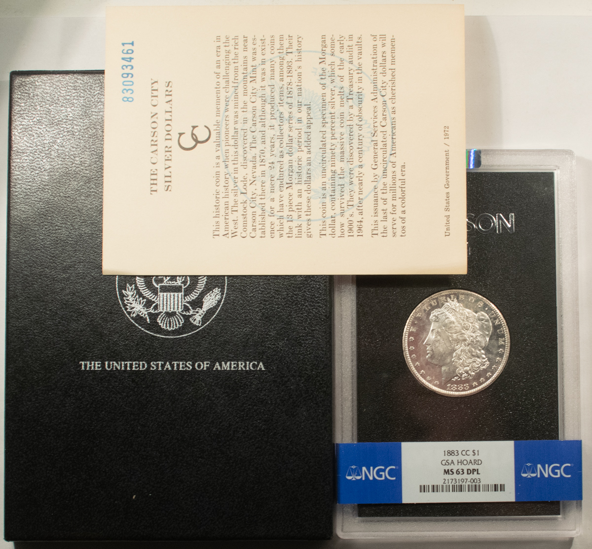 Dollars 1883-CC $1 MORGAN DOLLAR GSA NGC MS-63 DPL W/ BOX & CARD DEEP MIRROR CARSON CITY Dollars 1883-CC $1 MORGAN DOLLAR GSA NGC MS-63 DPL W/ BOX & CARD DEEP MIRROR CARSON CITY