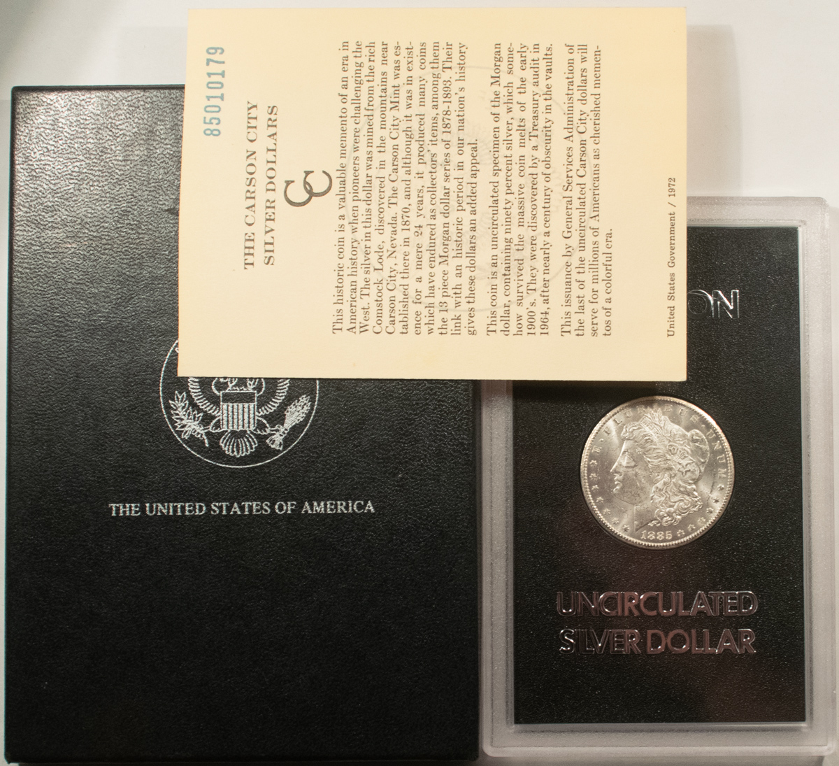 Dollars 1885-CC $1 MORGAN DOLLAR GSA – BRILLIANT UNCIRCULATED W/ BOX & CARD! CARSON CITY Dollars 1885-CC $1 MORGAN DOLLAR GSA – BRILLIANT UNCIRCULATED W/ BOX & CARD! CARSON CITY