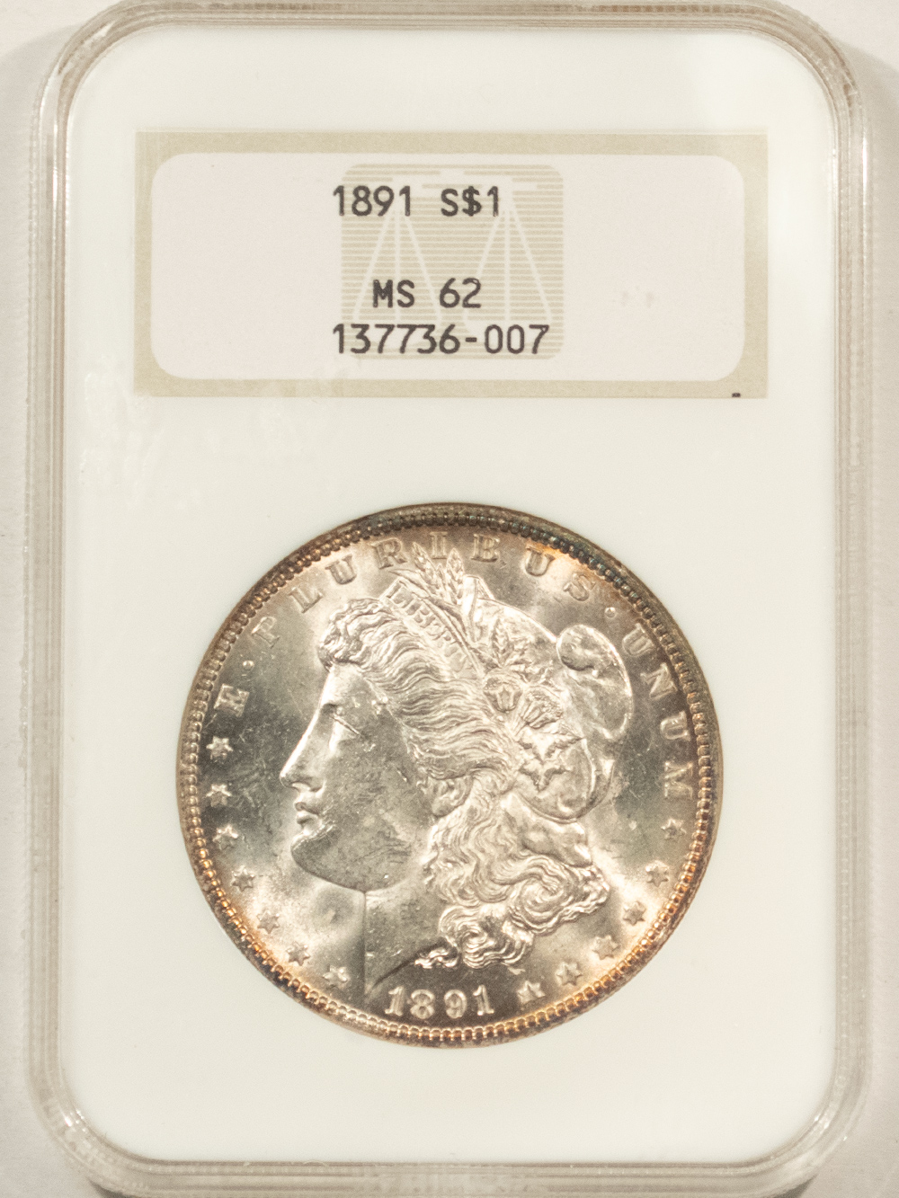 Dollars 1891 $1 MORGAN DOLLAR – NGC MS-62, FATTIE EMBOSSED HOLDER! Dollars 1891 $1 MORGAN DOLLAR – NGC MS-62, FATTIE EMBOSSED HOLDER!