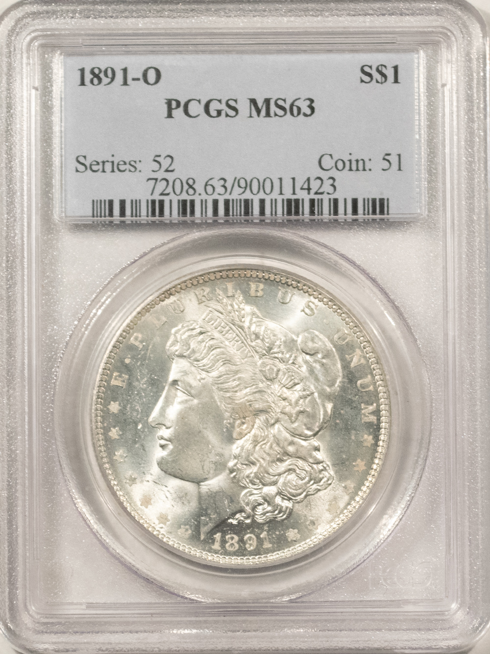Dollars 1891-O $1 MORGAN DOLLAR – PCGS MS-63, BLAST WHITE! Dollars 1891-O $1 MORGAN DOLLAR – PCGS MS-63, BLAST WHITE!