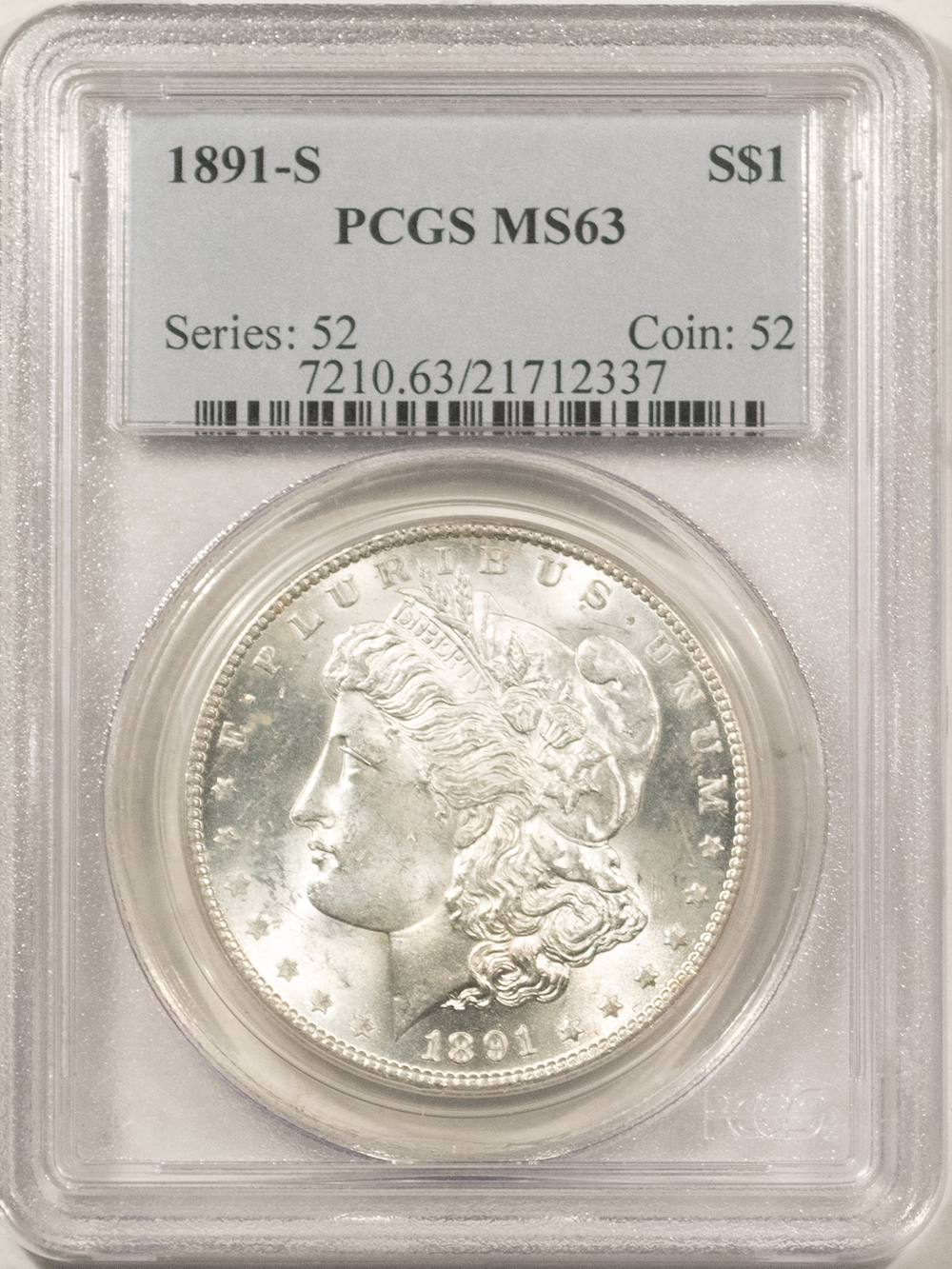 Dollars 1891-S $1 MORGAN DOLLAR – PCGS MS-63, BLAST WHITE! PREMIUM QUALITY! Dollars 1891-S $1 MORGAN DOLLAR – PCGS MS-63, BLAST WHITE! PREMIUM QUALITY!