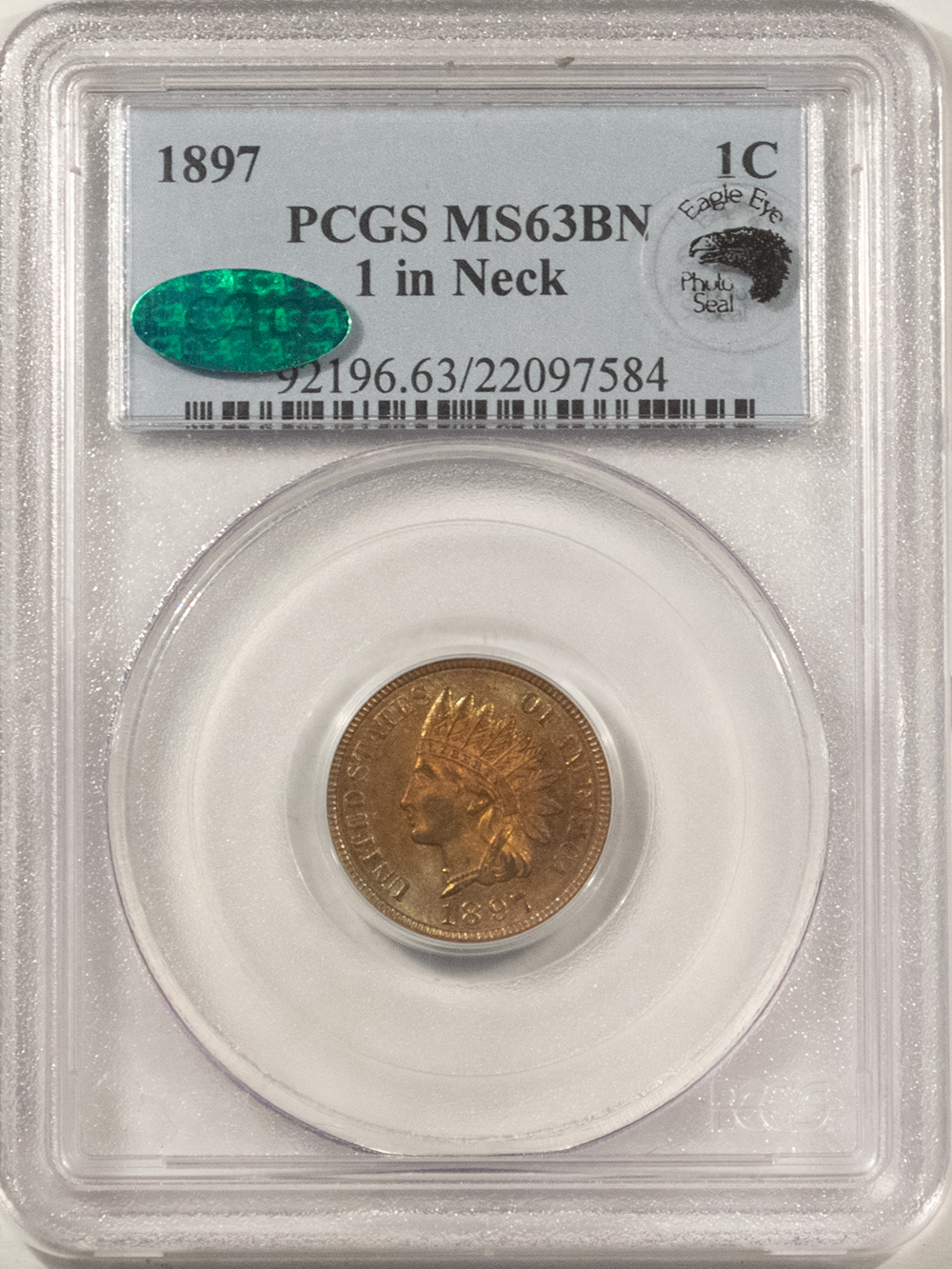 CAC Approved Coins 1897 INDIAN CENT, 1 IN NECK, PCGS MS-63 BN CAC & EAGLE EYE! BEAUTIFUL COLOR RARE CAC Approved Coins 1897 INDIAN CENT, 1 IN NECK, PCGS MS-63 BN CAC & EAGLE EYE! BEAUTIFUL COLOR RARE