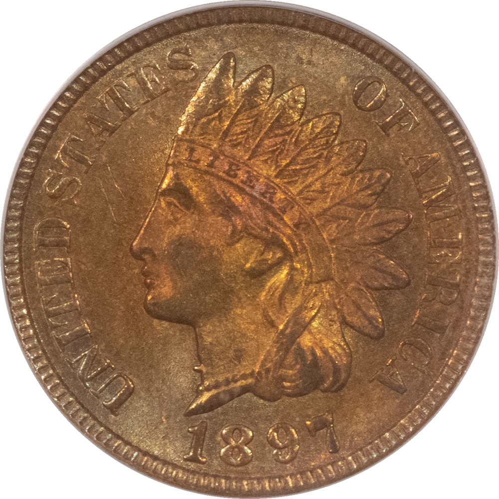 CAC Approved Coins 1897 INDIAN CENT, 1 IN NECK, PCGS MS-63 BN CAC & EAGLE EYE! BEAUTIFUL COLOR RARE CAC Approved Coins 1897 INDIAN CENT, 1 IN NECK, PCGS MS-63 BN CAC & EAGLE EYE! BEAUTIFUL COLOR RARE